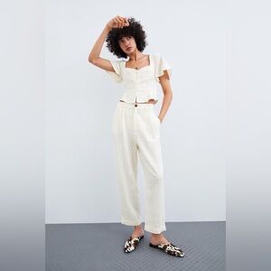 Zara White Cotton Peplum Button Up Crop Top